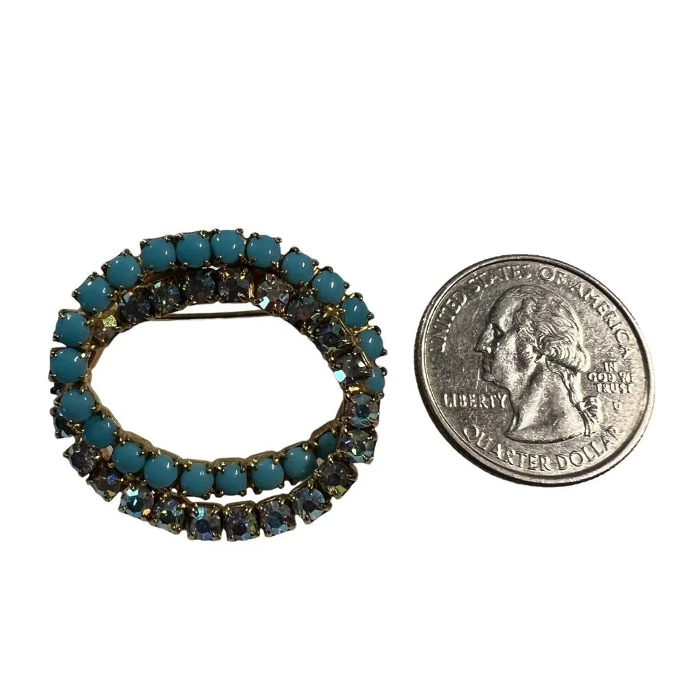 Vintage Brooch Gold‎ Tone Intertwined Circles Faux Turquoise Aurora Borealis Pin
